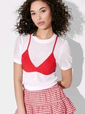 Wild Fable White Short Sleeve Tee w/ Integrated Red Knit Bralette